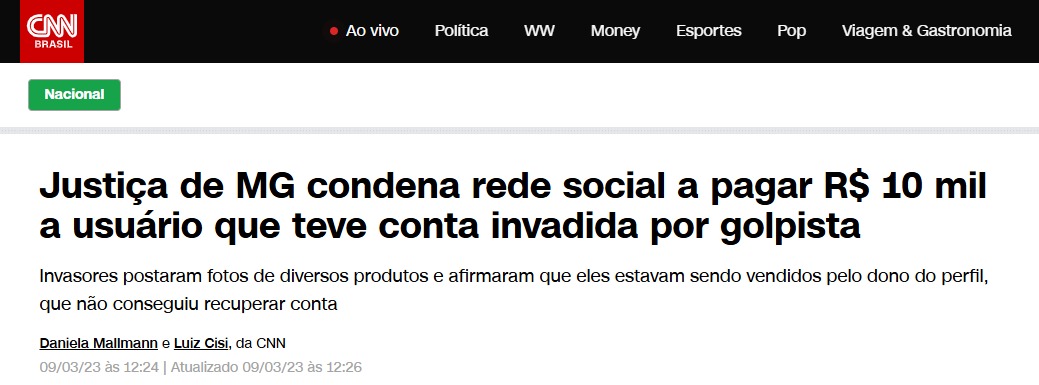 Notícia sobre condenação judicial por conta invadida em rede social em Minas Gerais